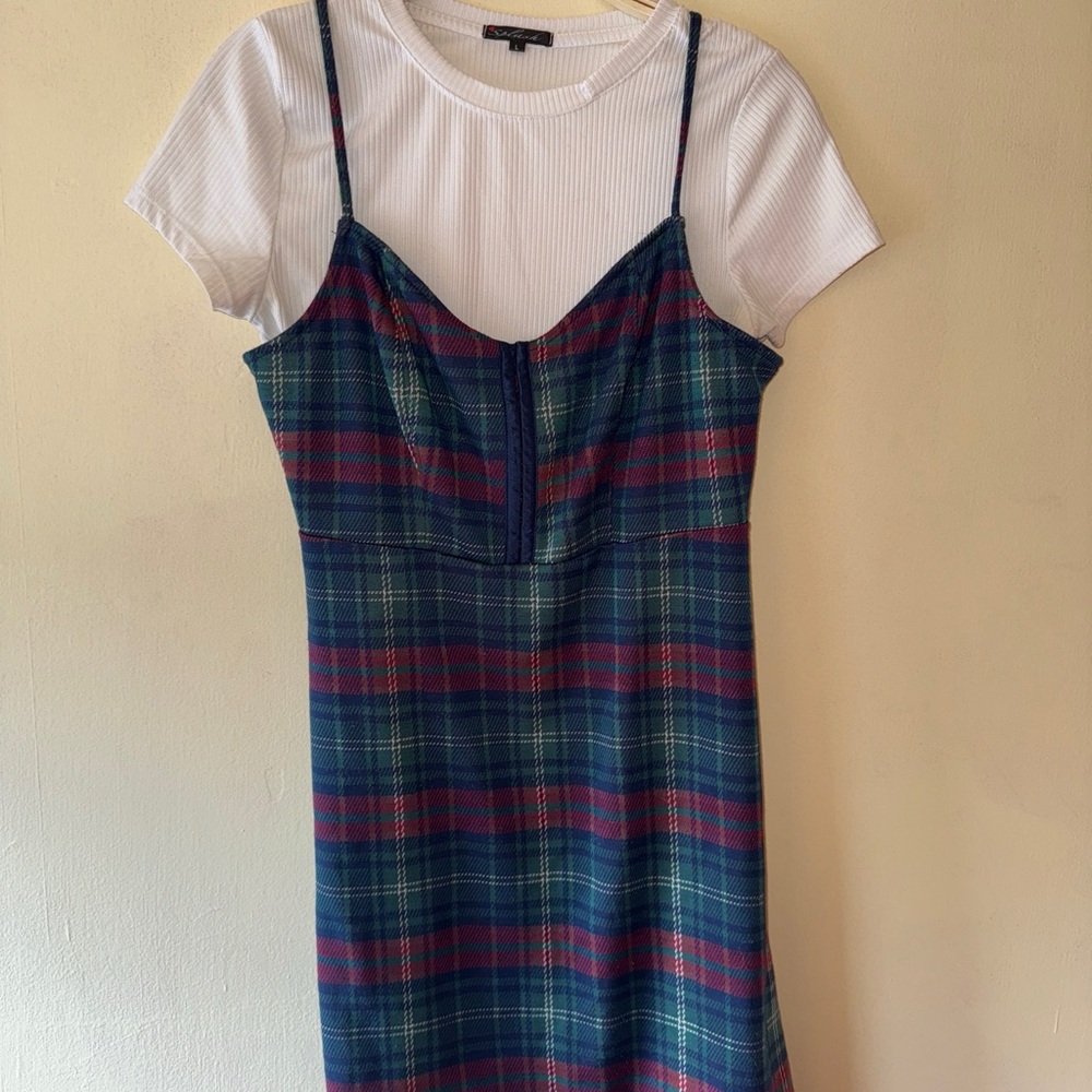 Plaid Slip Dress with White Crop Tee